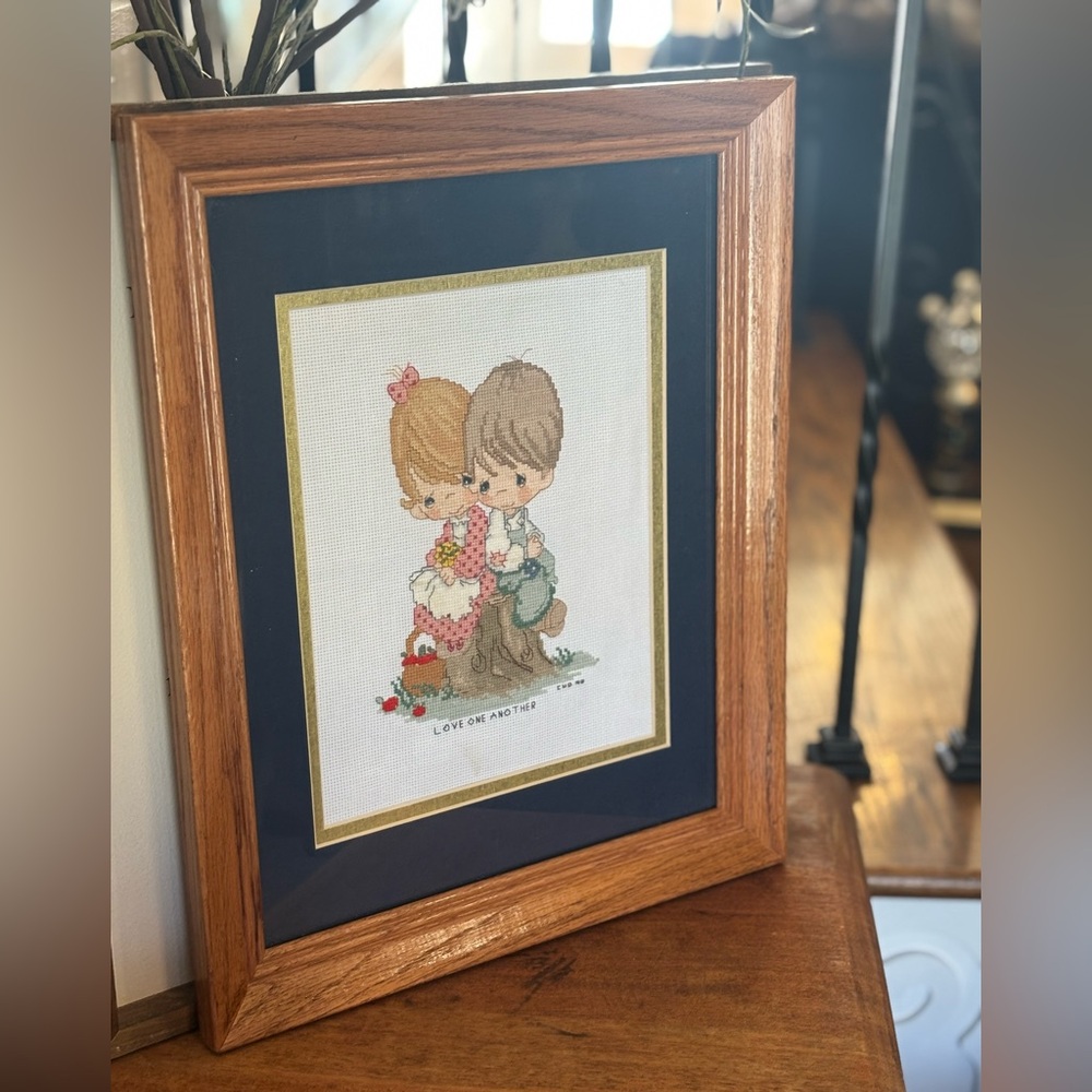 Vintage Precious Moments Cross-stitched Picture. Love Conquers All | 13x16 | EUC